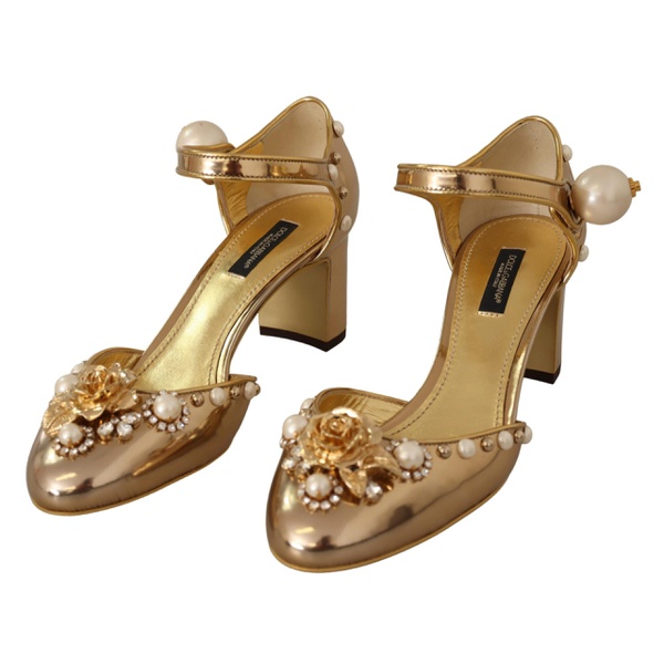 돌체앤가바나 돌체앤가바나 Dolce & Gabbana Elegant Gold Leather Block Heels with Womens Crystals 7199854428292