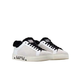 MCM Womens White Milano Suede Black Shearling Low Top Sneaker 6754623553668