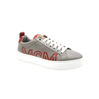 MCM Womens Grey Leather With Red Trim And Logo Low Top Sneaker 6754500247684