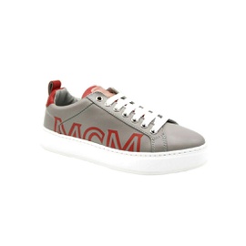 MCM Womens Grey Leather With Red Trim And Logo Low Top Sneaker 6754500247684