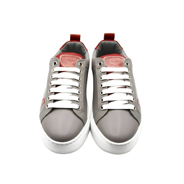  MCM Womens Grey Leather With Red Trim And Logo Low Top Sneaker 6754500247684