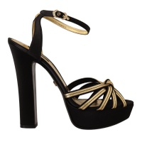 돌체앤가바나 Dolce & Gabbana Black Gold Viscose Ankle Strap Heels Sandals Womens Shoes 7199846137988