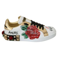 돌체앤가바나 Dolce & Gabbana White Roses Sequined Crystal Womens Sneakers Shoes 7231746048132
