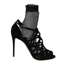 돌체앤가바나 Dolce & Gabbana Black Suede Tulle Ankle Boot Womens Sandals 7199882084484