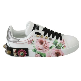 돌체앤가바나 Dolce & Gabbana White Leather Crystal Roses Floral Sneakers Womens Shoes 7199842238596
