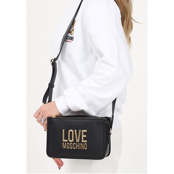 Love 모스키노 Moschino Womens Black Leather Gold Logo Crossbody Messenger Handbag 7065238077572