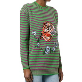 구찌 Gucci Womens Wool Striped Leopard Head Sweater Green 6613127463044