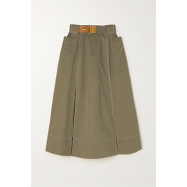 TORY BURCH Brown Leather-trimmed belted paneled topstitched cotton-twill midi skirt 1647597285068691