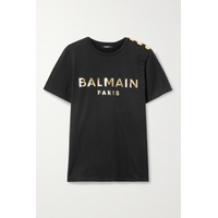 발망 BALMAIN Black Button-embellished printed cotton-jersey T-shirt 790676646