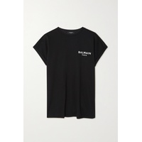 발망 BALMAIN Black Flocked cotton-jersey T-shirt 790663622