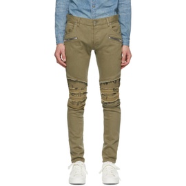 발망 Balmain Khaki Ribbed Patches Slim Jeans 211251M186059